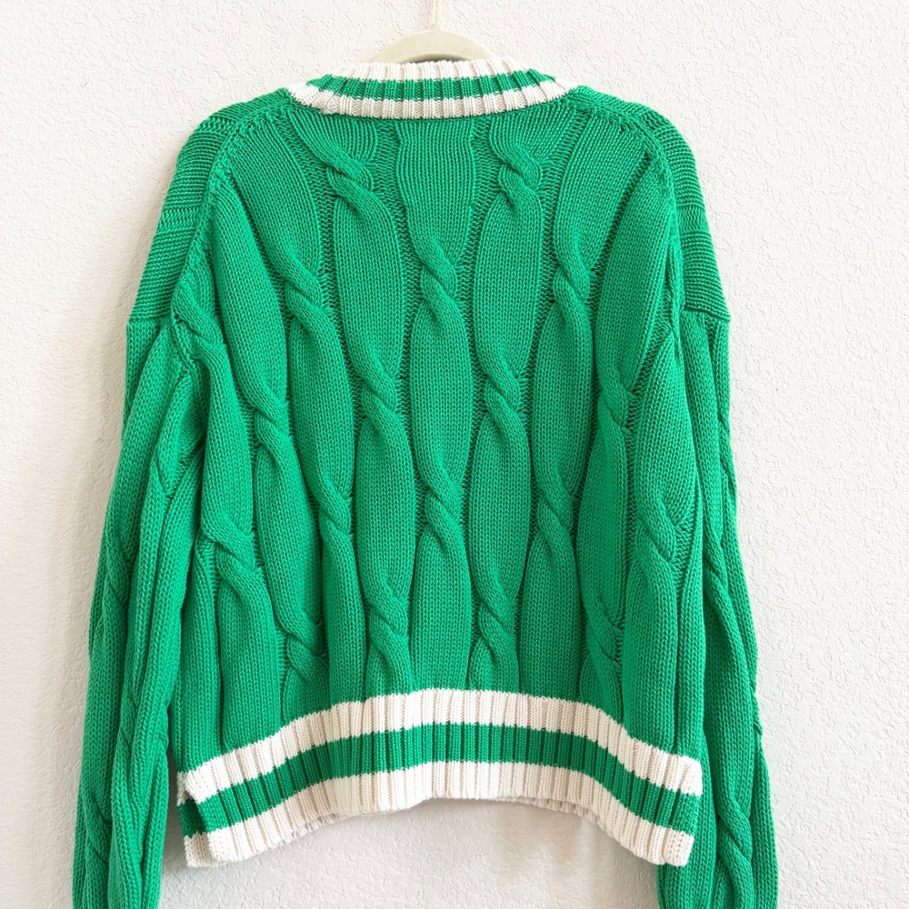Aerie Kelly Green Cable Knit Varsity V-Neck Sweater Sz S Cotton Tennis Prep - Picture 7 of 11